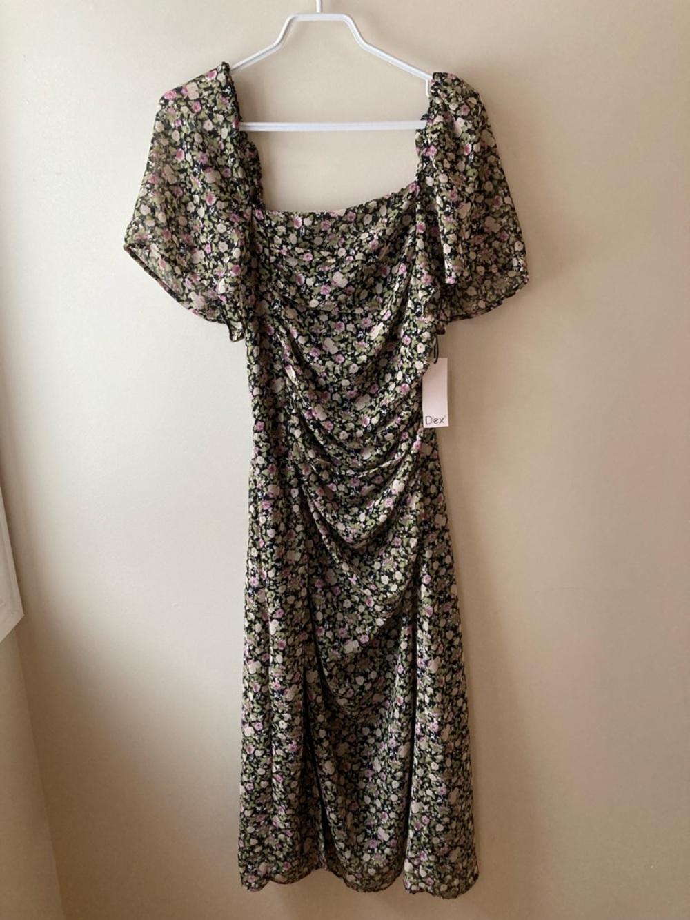 Dex Black and Pink Floral Midi Dress Boho Cottagecore Festival Garden Party